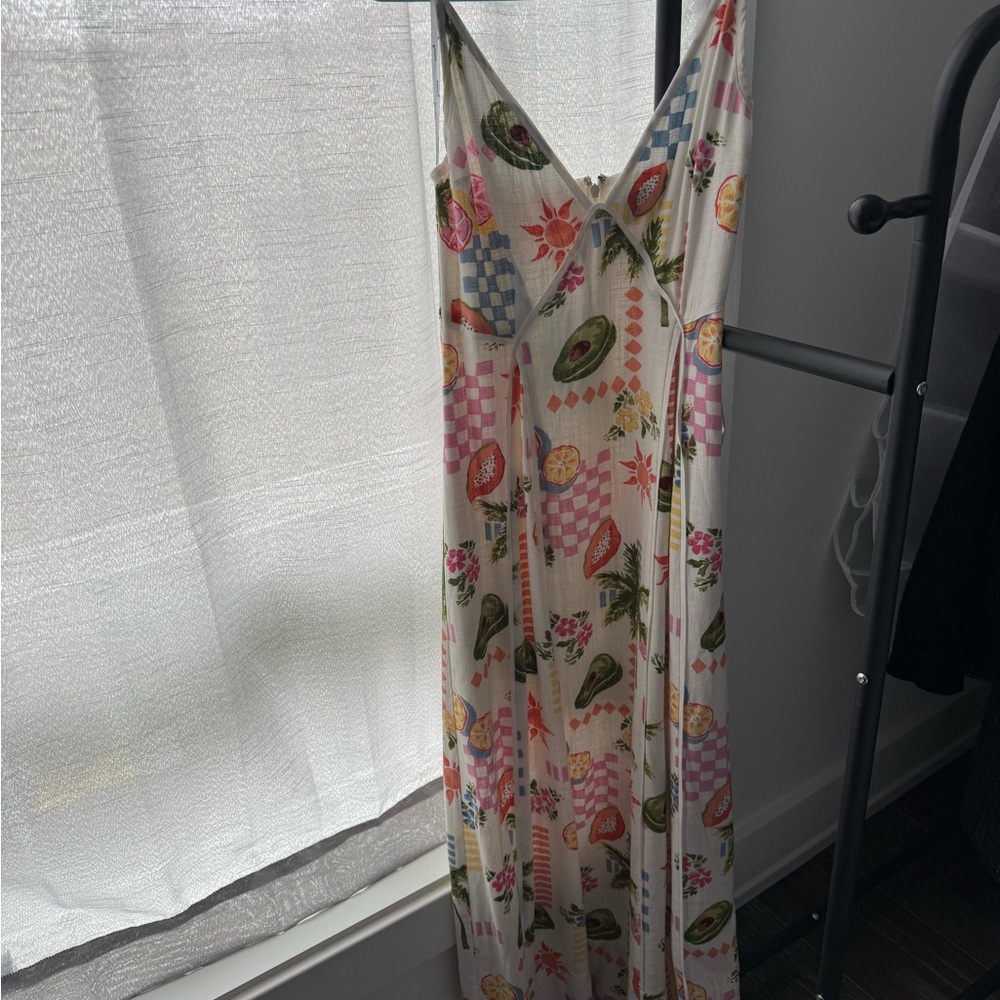 Tropical Fruit Print Slip Dress - Cream Base with Green & Pink Accents